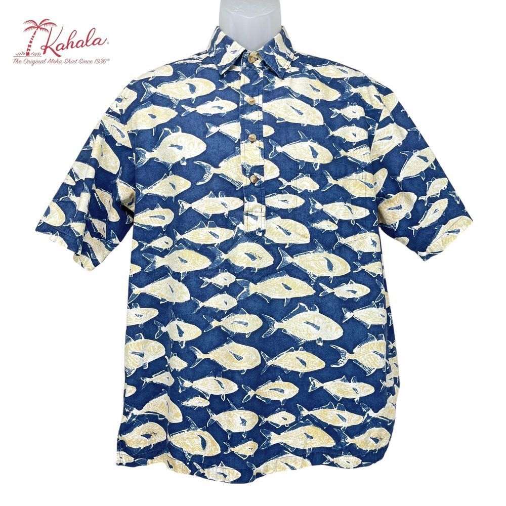 Kahala Men's Large Blue Fish Half Placket Henley Short Sleeve Hawaiian Shirt‎